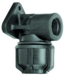 CTS wall plate elbow coupler designed to provide a secure, fixed‑mount female NPT connection point for CTS‑sized HDPE pipe installations.