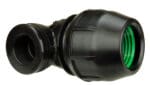 Large bore IPS‑OD 90‑degree female elbow coupler with a female NPT thread for angled transitions to threaded fittings.
