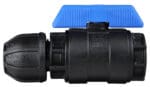 Philmac tee‑handle ball valve with UTC connection and female NPT outlet, durable black body and blue handle.